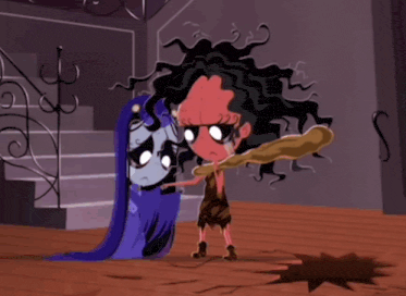 a cartoon drawing of a woman with long hair and a caveman with a stick