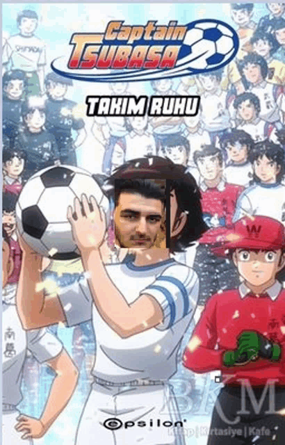 a poster for captain tsubasa with a man holding a soccer ball .