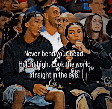 a group of people sitting in a stadium with the words never bend your head