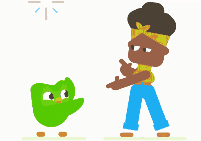 a cartoon drawing of a woman and a green bird