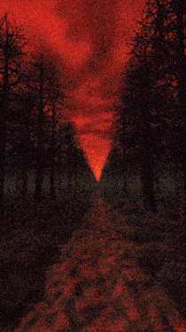 a painting of a dark forest with a red sky behind it