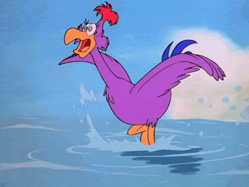 a cartoon of a purple bird with a blue tail