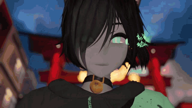 a girl with black hair and green eyes is wearing a choker and a green shirt