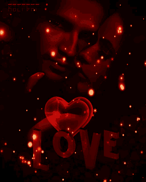 a man kissing a woman with a heart and the word love