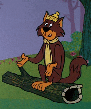 a cartoon fox wearing a hat and scarf is sitting on a log