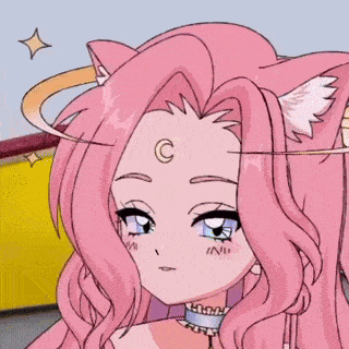 a cartoon girl with pink hair and cat ears is wearing a choker and has a crescent moon on her forehead .