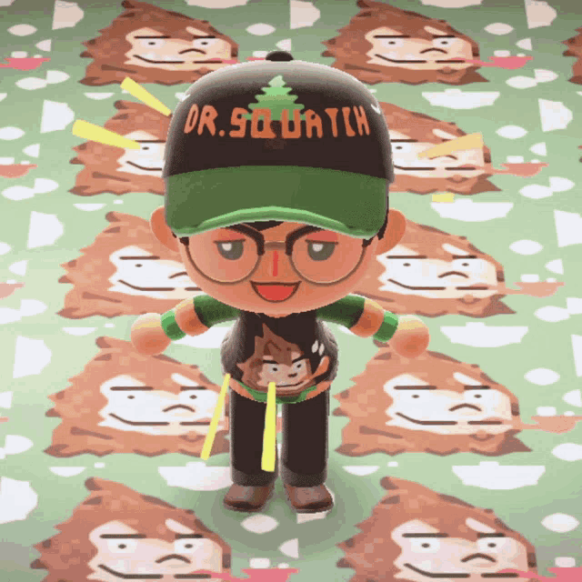 an animal crossing character wearing a hat that says dr. squatch