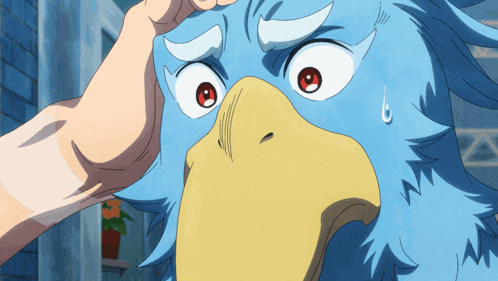 a blue bird with a yellow beak is being touched by someone 's hand
