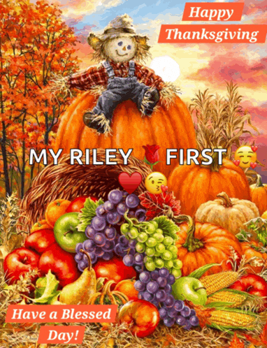 a scarecrow is sitting on top of a pumpkin surrounded by fruit and vegetables