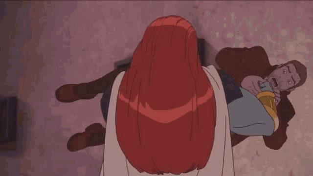 a cartoon drawing of a woman with red hair standing next to a man
