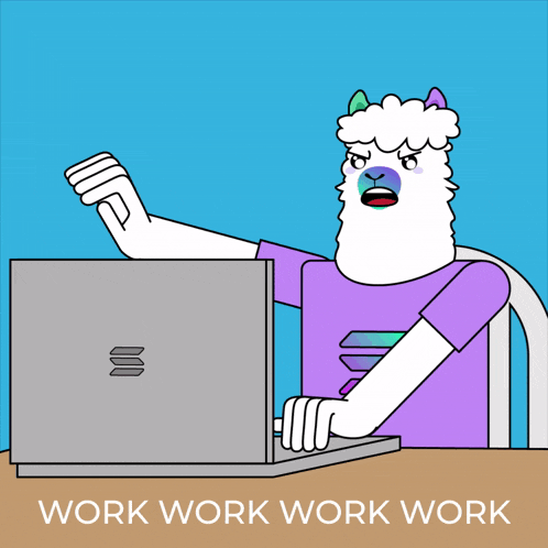 a cartoon of a llama using a laptop with the words work work work written below it
