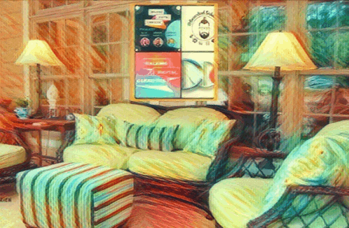 a painting of a living room with a couch and chairs with a sign above it that says ' florida '