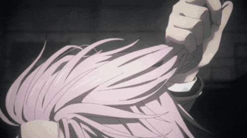 a person with long pink hair is holding another person 's arm