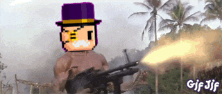 a pixel art of a man in a top hat holding a gun with gif jif written below him