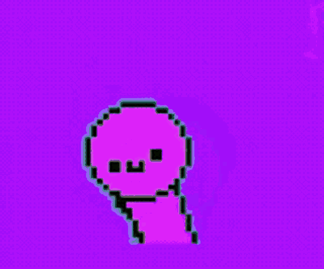 a pixel art of a pink object with a face on a purple background .