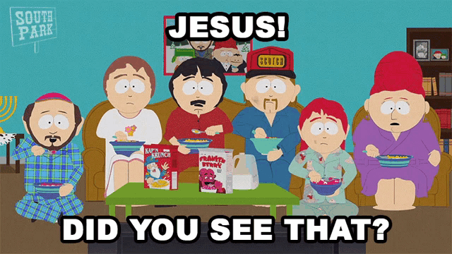 a group of south park characters are sitting around a table