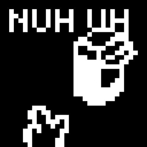 a black and white pixel art drawing of a ghost with the words huh uh written on it .