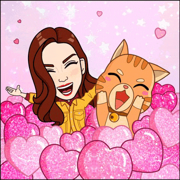 a cartoon of a woman and a cat surrounded by hearts
