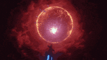 a person is standing in front of a huge sphere of light