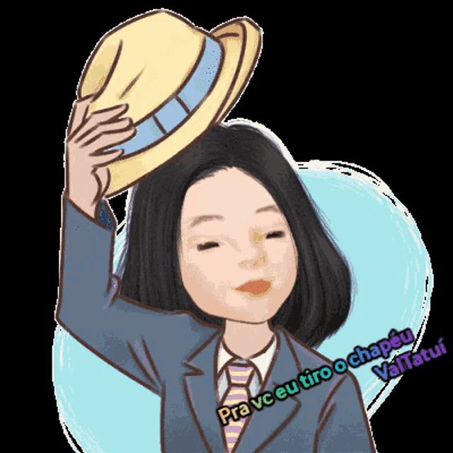 a cartoon of a woman wearing a suit and tie holding a hat over her head