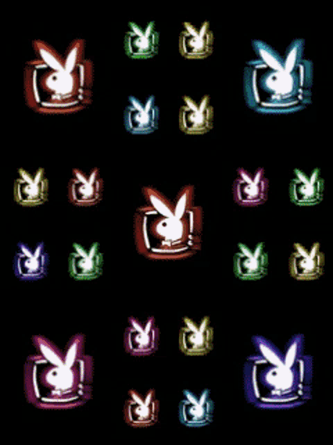 a bunch of neon playboy bunny logos on a black background