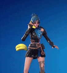 a woman with blue hair is holding a banana in her right hand