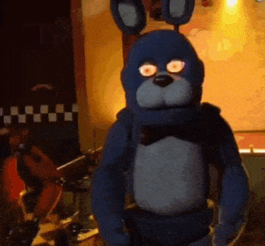 bonnie the bunny from five nights at freddy 's is standing in a room with a yellow background .