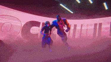 a man and a woman are dancing in front of a large pink sign that says ' chill ' on it