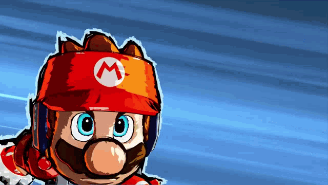 a cartoon drawing of mario wearing a red helmet with a m on it