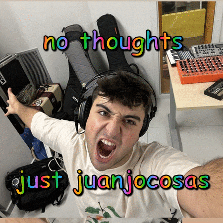 a man wearing headphones with the words " no thoughts just juanjocosas " written above him