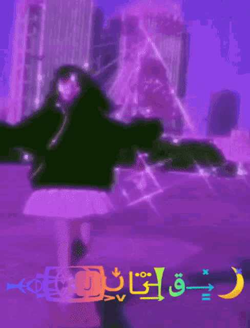 a girl is dancing in front of a purple background