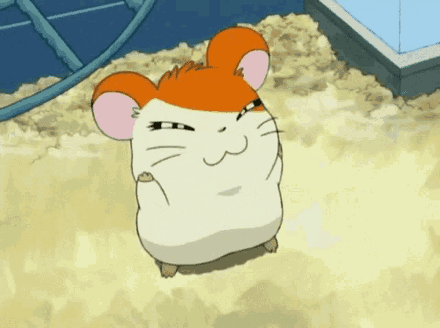 a cartoon hamster is standing on a pile of sand and looking up at the camera .