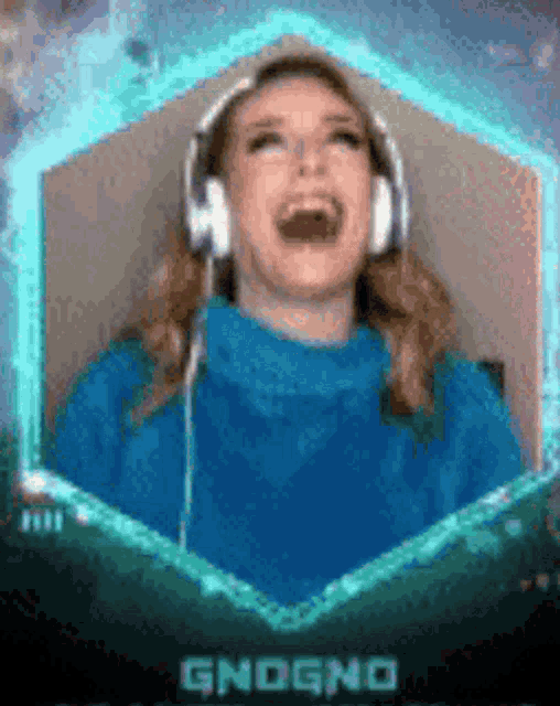 a woman wearing headphones and a blue sweater is laughing in a pixel art .