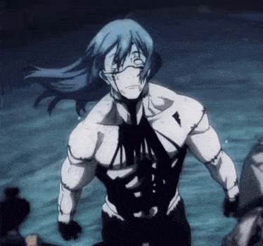 a man with long blue hair is standing in a dark room without a shirt