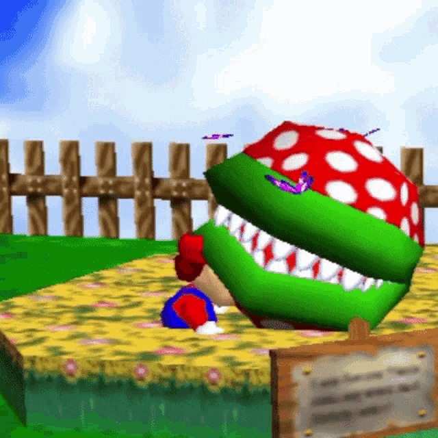 a video game scene with mario and piranha plant in a field