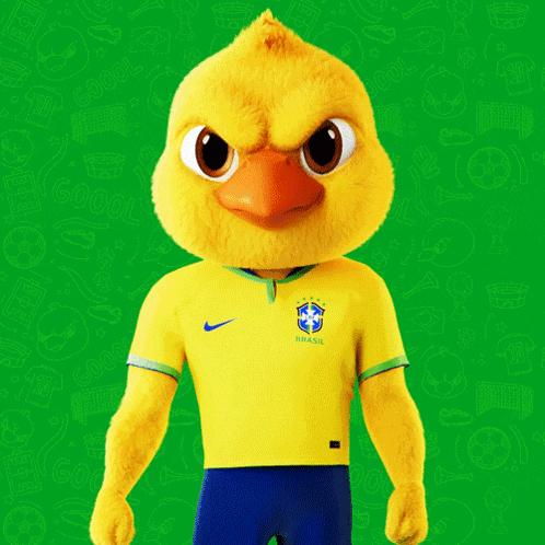 a yellow duck mascot with the words faz o sinal di ronaldinho on a green background