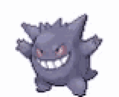 a purple pokémon with red eyes and big teeth is standing on a white background .