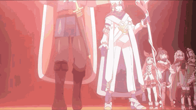 a group of anime characters are standing in a row