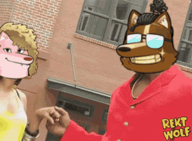 a cartoon drawing of a woman and a man with rekt wolf written on the bottom right