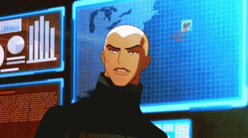 a bald cartoon character is standing in front of a screen with a map on it