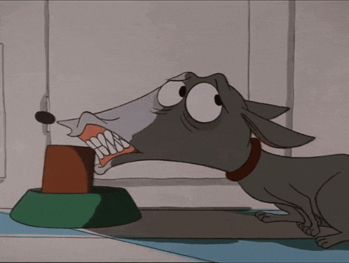 a cartoon dog is looking at a block in a green bowl