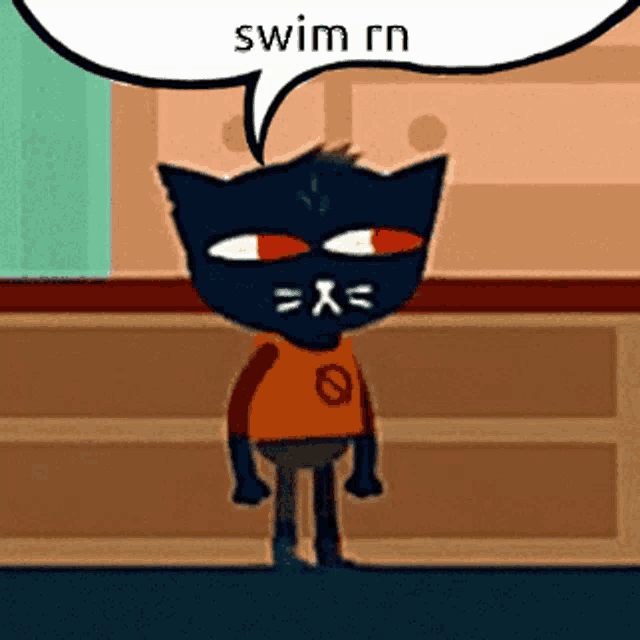 a cartoon cat with a speech bubble that says " swim rn "