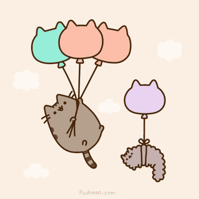 a cartoon of a cat flying through the air with balloons and the website pusheen.com