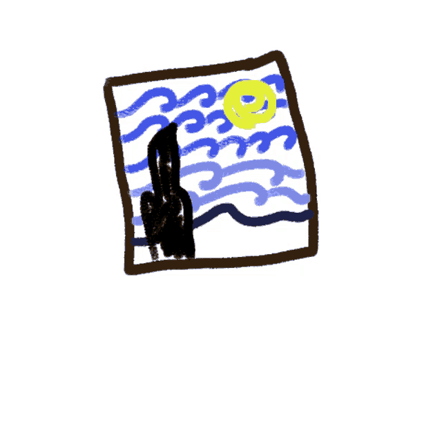 a drawing of a person standing in front of a sun and waves