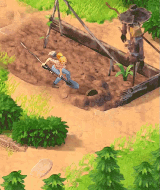 a cartoon of a man digging in the dirt with a shovel
