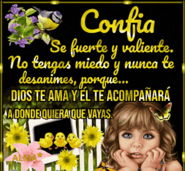 a girl with a butterfly in her hair is surrounded by flowers and a sign that says confia