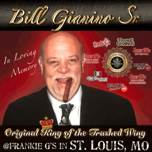a poster for frankie g 's in st. louis mo shows a man with a cigar in his mouth