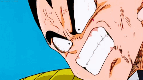 a close up of a cartoon character 's face with his mouth open and a blue background .