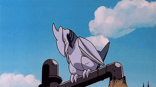 a cartoon bird is sitting on top of a pipe with a blue sky in the background