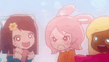three cartoon characters are standing next to each other .